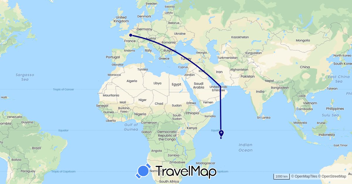 TravelMap itinerary: driving in United Arab Emirates, France, Seychelles (Africa, Asia, Europe)